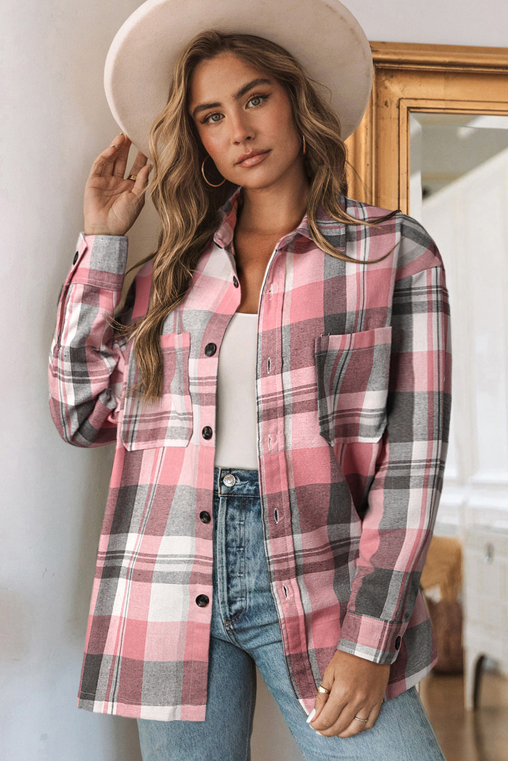 LC2552972-10-S, LC2552972-10-M, LC2552972-10-L, LC2552972-10-XL, LC2552972-10-2XL, Pink Womens Plaid Button Up Patch Pocket Shirt Oversized Tops Jacket