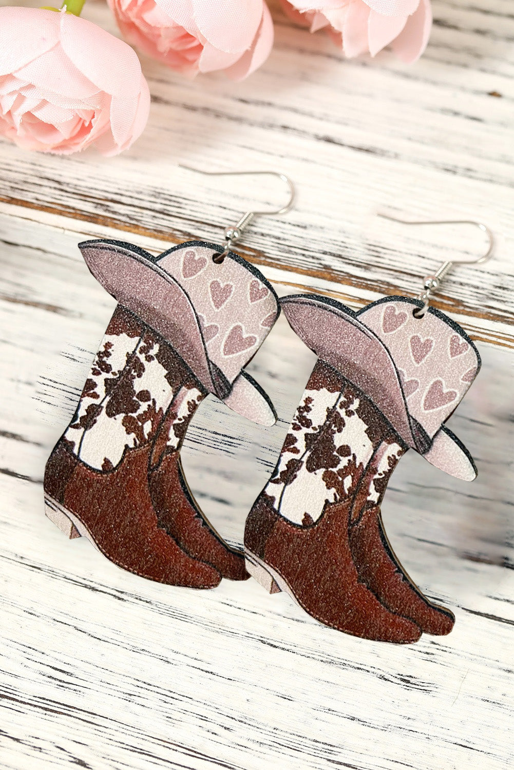BH012272-10, Pink Valentine's Day Earrings Lip Boots Leopard Western Print Earrings for Women
