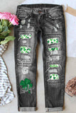 Womens Ripped St. Patrick's Day Clover Denim Pants