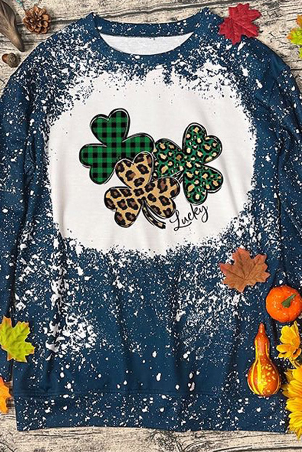 LC25314245-5-S, LC25314245-5-M, LC25314245-5-L, LC25314245-5-XL, LC25314245-5-2XL, Blue St. Patrick's Day Sweatshirt for Women Clover Print Long Sleeve Tee Tops