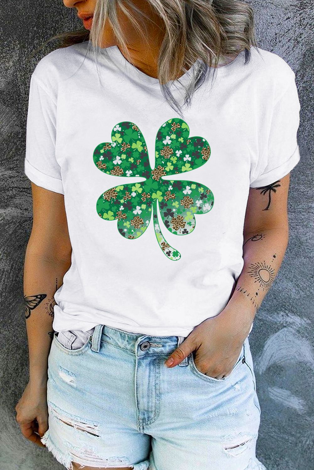 LC25219588-1-S, LC25219588-1-M, LC25219588-1-L, LC25219588-1-XL, LC25219588-1-2XL, White St Patrick's Day Shamrocks Women Short Sleeve Graphic Tee Tops