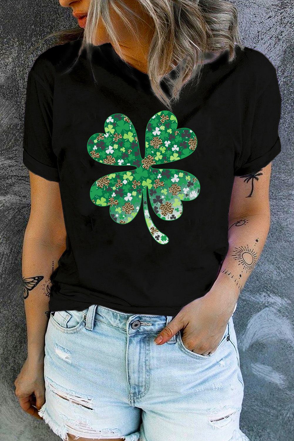 LC25219588-2-S, LC25219588-2-M, LC25219588-2-L, LC25219588-2-XL, LC25219588-2-2XL, Black St Patrick's Day Shamrocks Women Short Sleeve Graphic Tee Tops