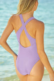 LC443470-8-S, LC443470-8-M, LC443470-8-L, LC443470-8-XL, LC443470-8-2XL, Purple Women's Cross Back Swimwear High Cut One Piece Bathing Suits Swimsuit