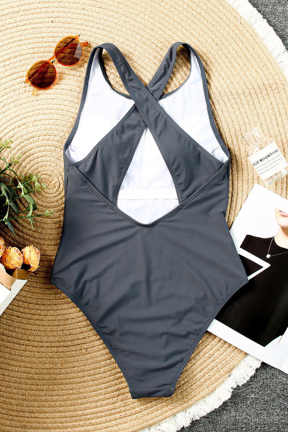 LC443470-11-S, LC443470-11-M, LC443470-11-L, LC443470-11-XL, LC443470-11-2XL, Gray Women's Cross Back Swimwear High Cut One Piece Bathing Suits Swimsuit