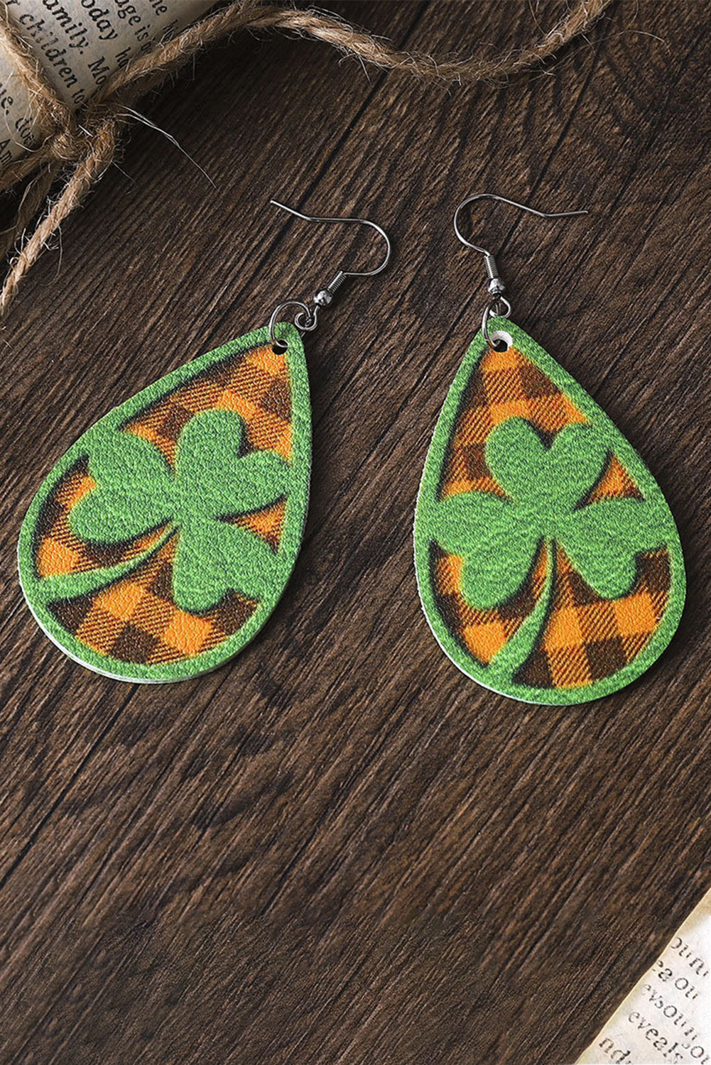 BH012378-9, Green St Patrick's Day Clover Emboss Plaid Teardrop Dangle Earrings