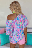 LC25219625-4-S, LC25219625-4-M, LC25219625-4-L, LC25219625-4-XL, Sky Blue Women's Casual Loose Short Sleeve Tee Painted Floral Blouse Shirt
