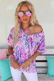 LC25219625-10-S, LC25219625-10-M, LC25219625-10-L, LC25219625-10-XL, Pink Women's Casual Loose Short Sleeve Tee Painted Floral Blouse Shirt