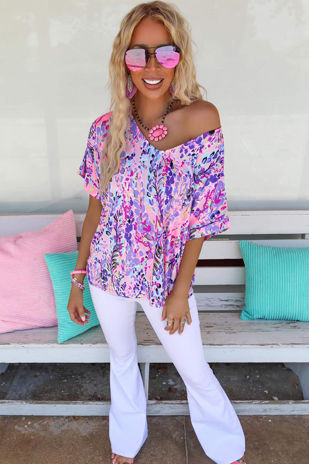 LC25219625-10-S, LC25219625-10-M, LC25219625-10-L, LC25219625-10-XL, Pink Women's Casual Loose Short Sleeve Tee Painted Floral Blouse Shirt