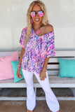 LC25219625-10-S, LC25219625-10-M, LC25219625-10-L, LC25219625-10-XL, Pink Women's Casual Loose Short Sleeve Tee Painted Floral Blouse Shirt