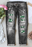 St. Patrick's Day Shamrock Clover High Rise Ripped Jeans for Women