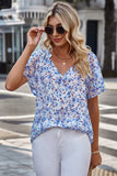 LC25114556-5-S, LC25114556-5-M, LC25114556-5-L, LC25114556-5-XL, LC25114556-5-2XL, Blue Women's Casual Short Sleeve Ruffle Petals Shirts Summer Casual Floral Blouse Top