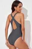 LC443470-11-S, LC443470-11-M, LC443470-11-L, LC443470-11-XL, LC443470-11-2XL, Gray Women's Cross Back Swimwear High Cut One Piece Bathing Suits Swimsuit