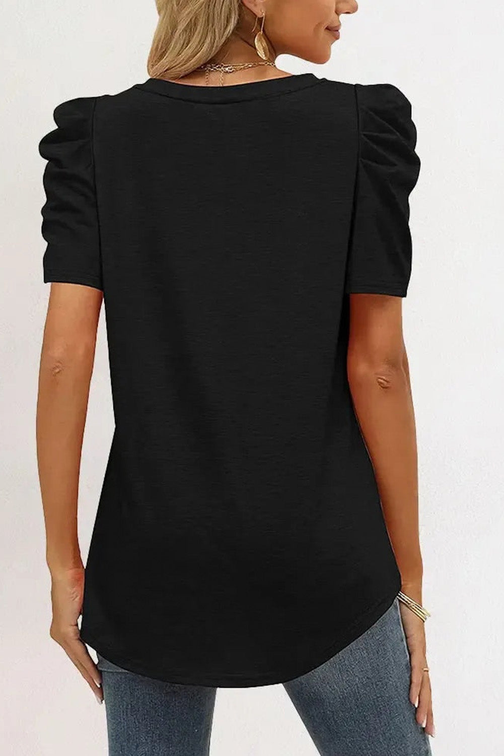 LC25219590-2-S, LC25219590-2-M, LC25219590-2-L, LC25219590-2-XL, Black Women's Summer Casual Shirts Puff Sleeve V Neck T-Shirt