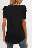 LC25219590-2-S, LC25219590-2-M, LC25219590-2-L, LC25219590-2-XL, Black Women's Summer Casual Shirts Puff Sleeve V Neck T-Shirt