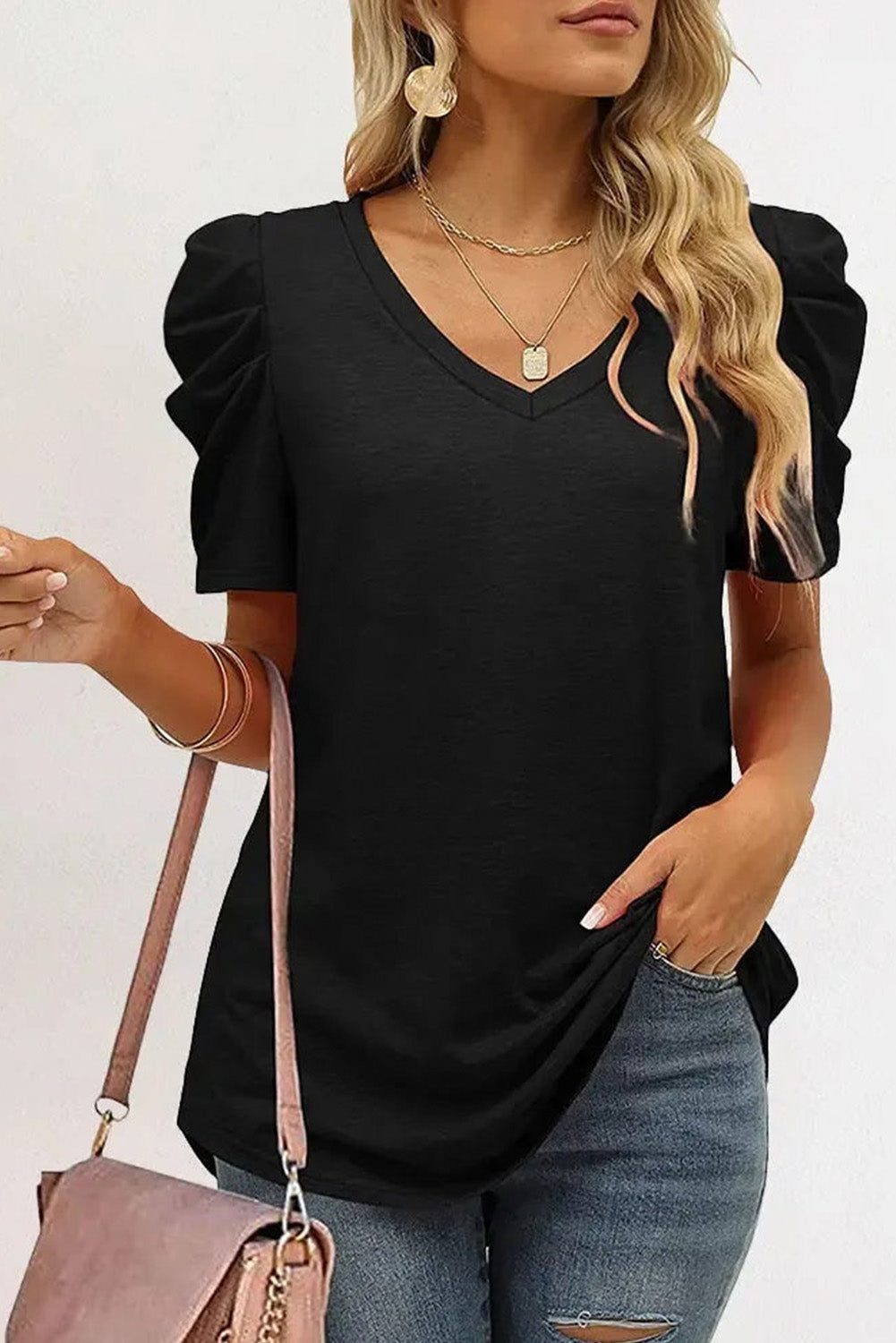 LC25219590-2-S, LC25219590-2-M, LC25219590-2-L, LC25219590-2-XL, Black Women's Summer Casual Shirts Puff Sleeve V Neck T-Shirt