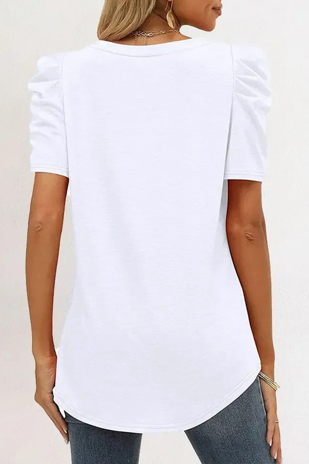 LC25219590-1-S, LC25219590-1-M, LC25219590-1-L, LC25219590-1-XL, White Women's Summer Casual Shirts Puff Sleeve V Neck T-Shirt