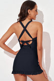LC415776-2-S, LC415776-2-M, LC415776-2-L, LC415776-2-XL, LC415776-2-2XL, Black Women Criss Cross Back Tie Ruched Ruffled Tankini Bathing Suit with Shorts