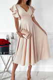 LC6110363-18-S, LC6110363-18-M, LC6110363-18-L, LC6110363-18-XL, LC6110363-18-2XL, Apricot Womens V Neck Ruffle Sleeve Wrap Dress Midi Dress Cocktail Party Dress