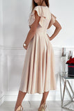 LC6110363-18-S, LC6110363-18-M, LC6110363-18-L, LC6110363-18-XL, LC6110363-18-2XL, Apricot Womens V Neck Ruffle Sleeve Wrap Dress Midi Dress Cocktail Party Dress