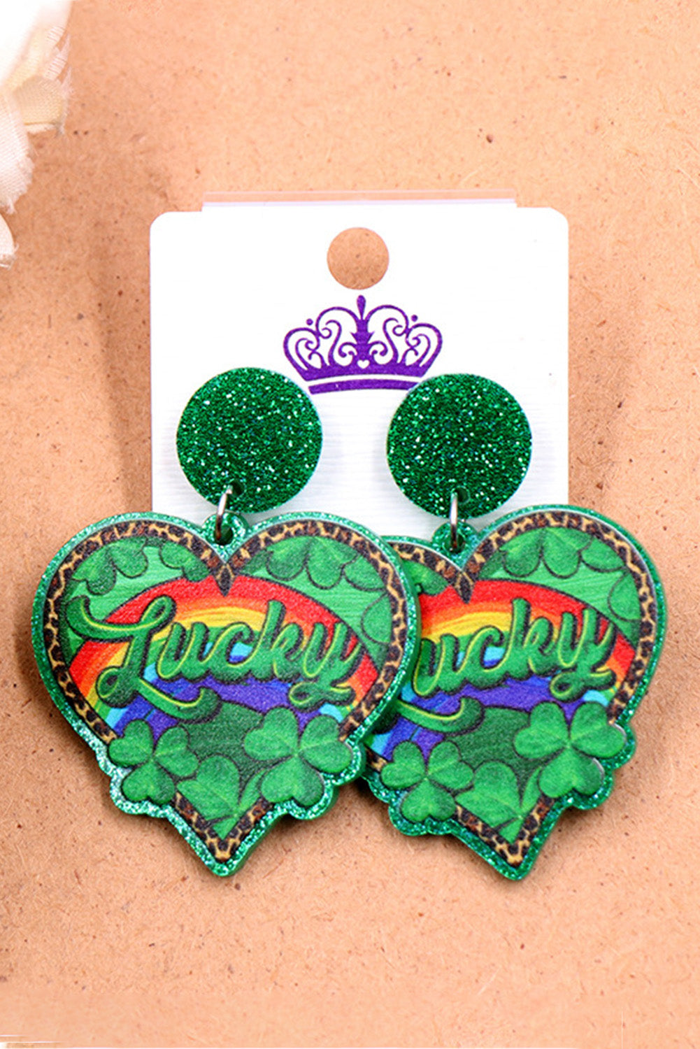 BH012468-9, Green St. Patricks Day Clover Rainbow Heart Earrings for Women