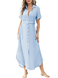 LC618591-4-S, LC618591-4-M, LC618591-4-L, LC618591-4-XL, Sky Blue Women's Cover Up Short Sleeve Button Down Summer Beach Maxi Dress