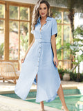 LC618591-4-S, LC618591-4-M, LC618591-4-L, LC618591-4-XL, Sky Blue Women's Cover Up Short Sleeve Button Down Summer Beach Maxi Dress