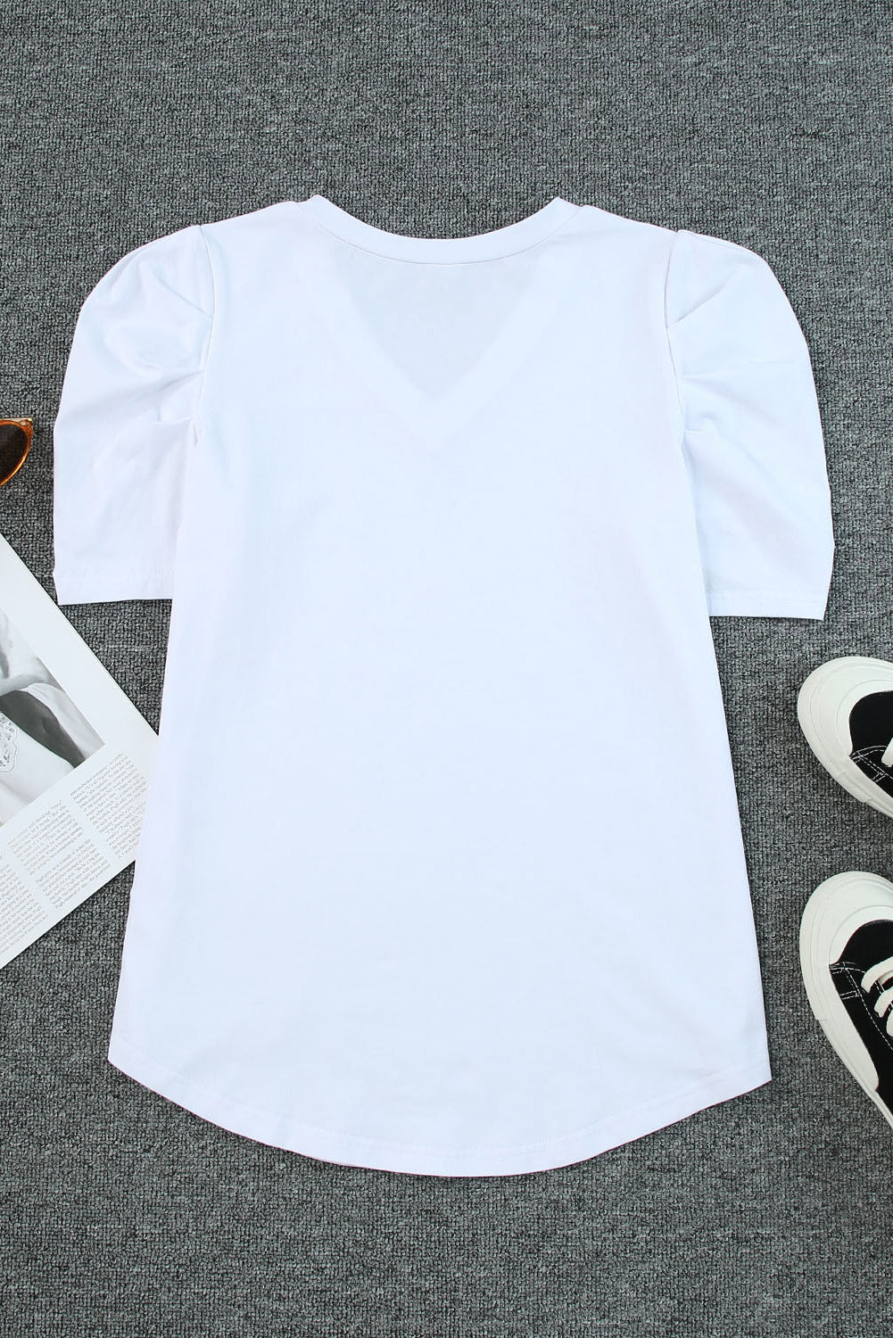 LC25219590-1-S, LC25219590-1-M, LC25219590-1-L, LC25219590-1-XL, White Women's Summer Casual Shirts Puff Sleeve V Neck T-Shirt