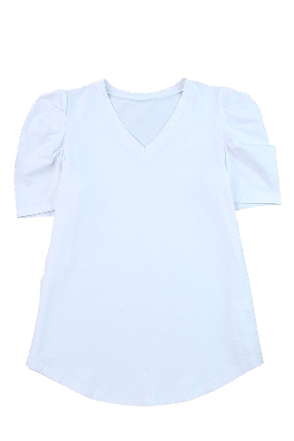 LC25219590-1-S, LC25219590-1-M, LC25219590-1-L, LC25219590-1-XL, White Women's Summer Casual Shirts Puff Sleeve V Neck T-Shirt