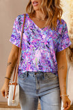 LC25219625-10-S, LC25219625-10-M, LC25219625-10-L, LC25219625-10-XL, Pink Women's Casual Loose Short Sleeve Tee Painted Floral Blouse Shirt