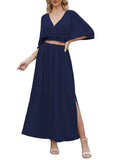 LC6114159-305-S, LC6114159-305-M, LC6114159-305-L, LC6114159-305-XL, Dark Blue Womens Boho V Neck Maxi Dress with High Slit