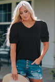 LC25219590-2-S, LC25219590-2-M, LC25219590-2-L, LC25219590-2-XL, Black Women's Summer Casual Shirts Puff Sleeve V Neck T-Shirt