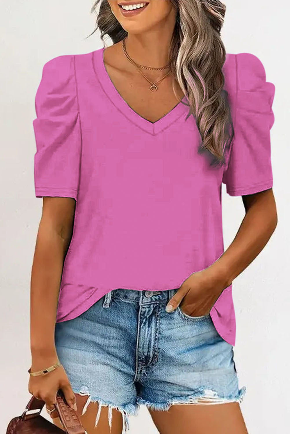 LC25219590-6-S, LC25219590-6-M, LC25219590-6-L, LC25219590-6-XL, Rose Women's Summer Casual Shirts Puff Sleeve V Neck T-Shirt