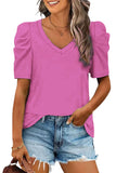 LC25219590-6-S, LC25219590-6-M, LC25219590-6-L, LC25219590-6-XL, Rose Women's Summer Casual Shirts Puff Sleeve V Neck T-Shirt