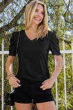 LC25219590-2-S, LC25219590-2-M, LC25219590-2-L, LC25219590-2-XL, Black Women's Summer Casual Shirts Puff Sleeve V Neck T-Shirt