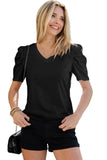 LC25219590-2-S, LC25219590-2-M, LC25219590-2-L, LC25219590-2-XL, Black Women's Summer Casual Shirts Puff Sleeve V Neck T-Shirt