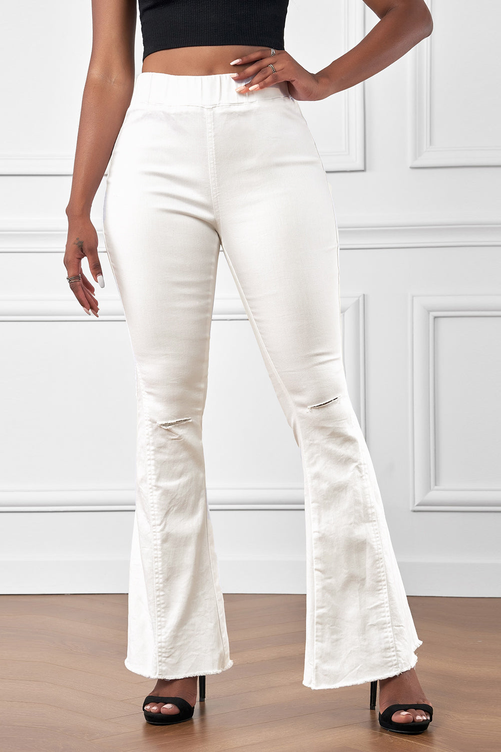 Butterfly Print Distressed Elastic High Waist Flare Jeans