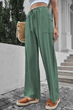 Solid Drawstring Crinkled Wide Leg Pants With Pocket