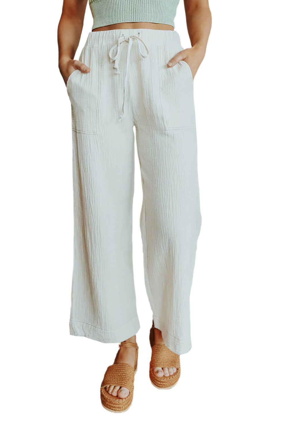 Solid Drawstring Crinkled Wide Leg Pants With Pocket