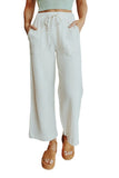 Solid Drawstring Crinkled Wide Leg Pants With Pocket