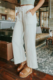 Solid Drawstring Crinkled Wide Leg Pants With Pocket