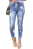 Drawstring Elastic Waist Hole Ripped Jeans