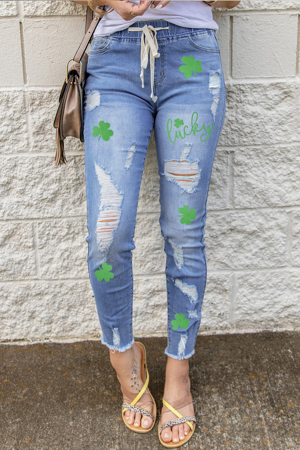 Drawstring Elastic Waist Hole Ripped Jeans