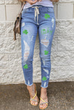 Drawstring Elastic Waist Hole Ripped Jeans