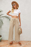 Solid Drawstring Crinkled Wide Leg Pants With Pocket