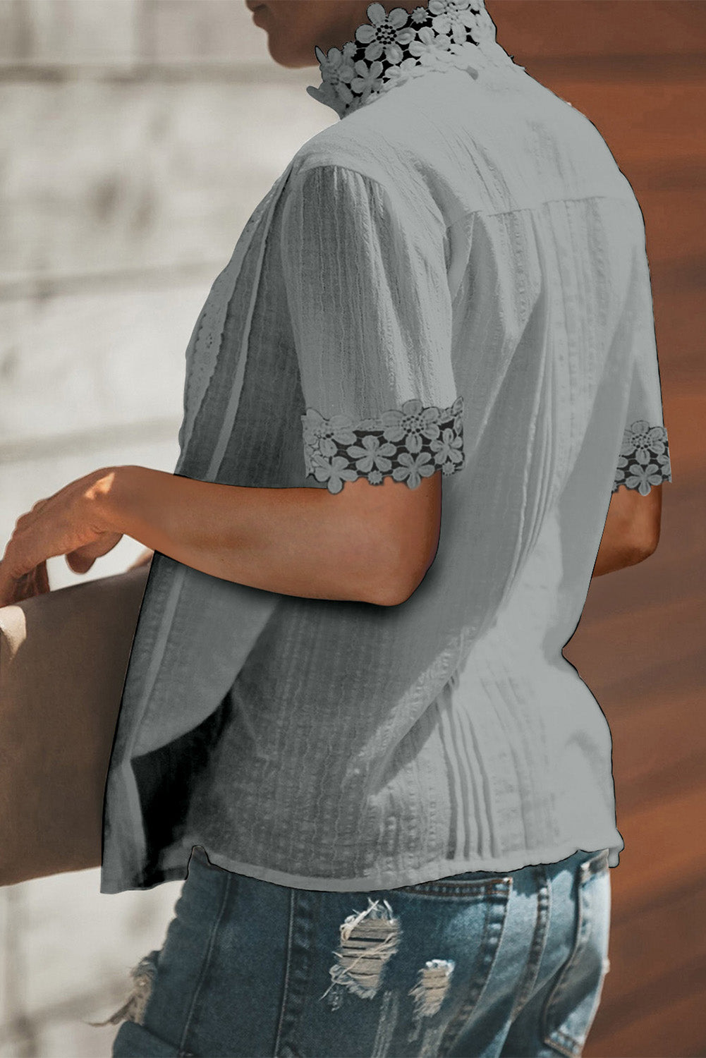 Gray Crochet Lace Splicing Short Sleeve Top