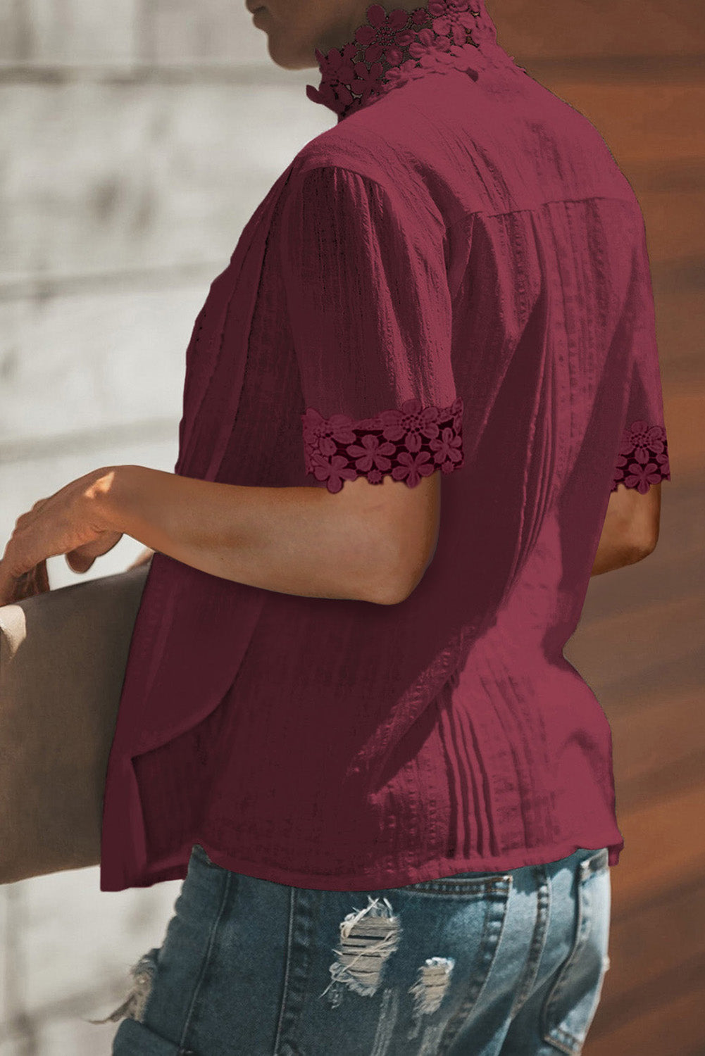 Gray Crochet Lace Splicing Short Sleeve Top