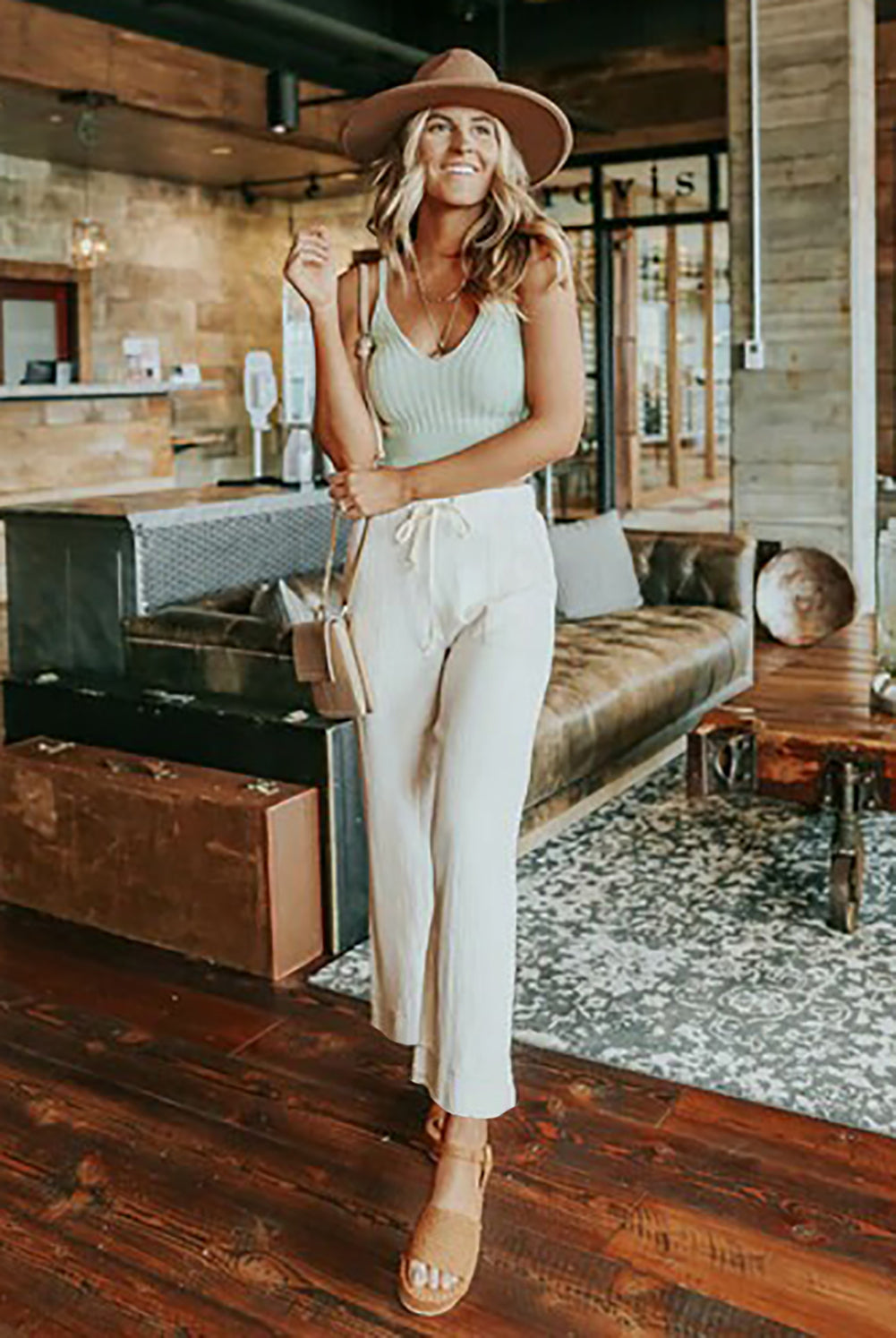 Solid Drawstring Crinkled Wide Leg Pants With Pocket