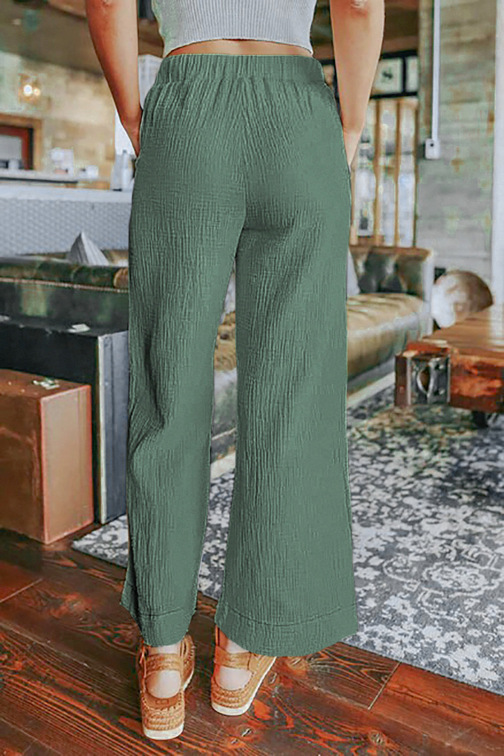 Solid Drawstring Crinkled Wide Leg Pants With Pocket