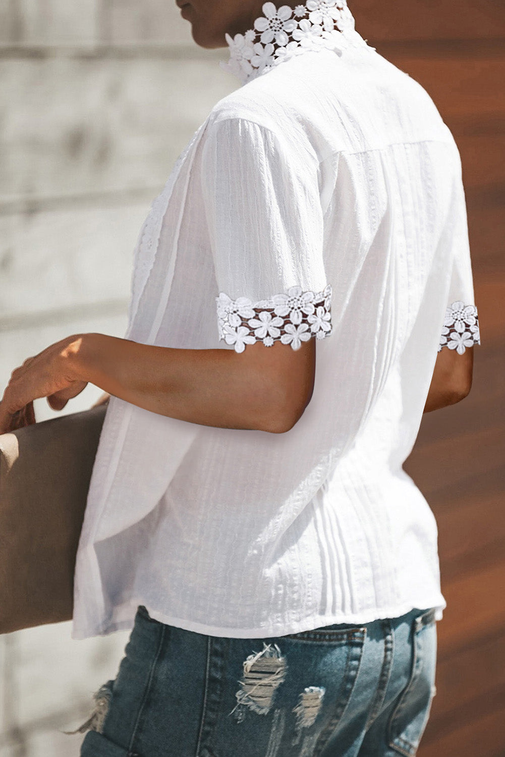 Gray Crochet Lace Splicing Short Sleeve Top