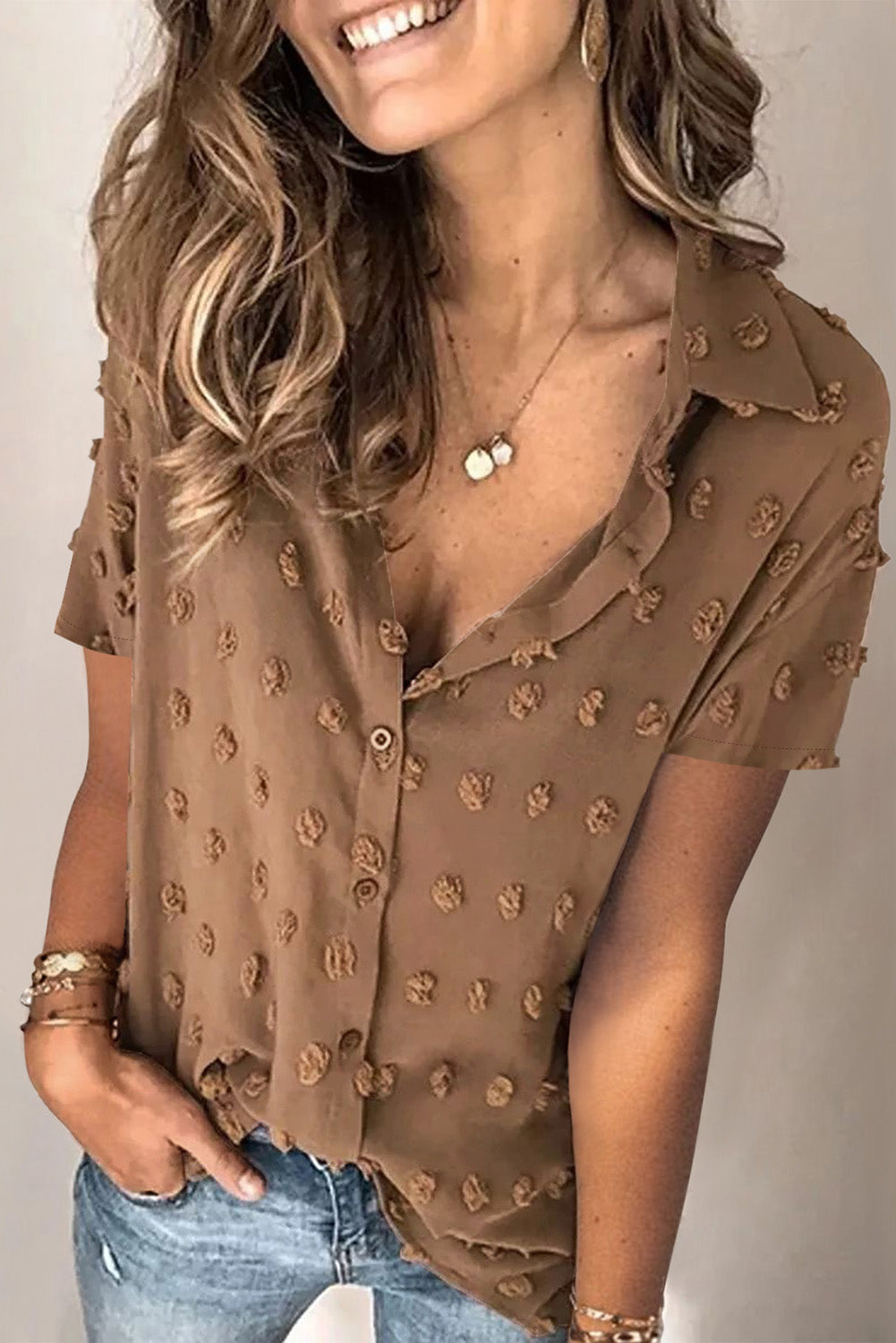 Short Sleeve Shirt For Women Swiss Dot Turn Down Collar Tops